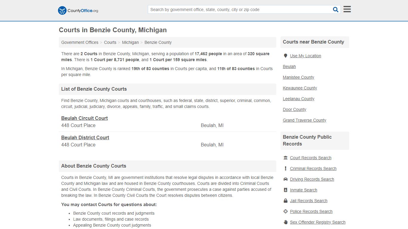 Courts - Benzie County, MI (Court Records & Calendars)